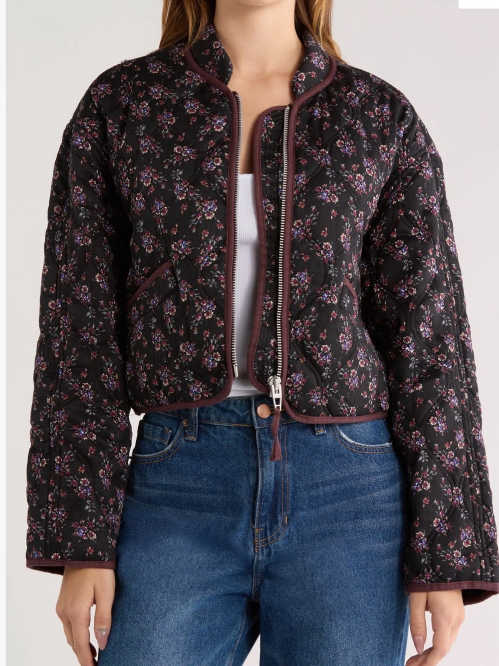 Blank NYC Quilted Floral Crop Jacket - Black/Purple Large